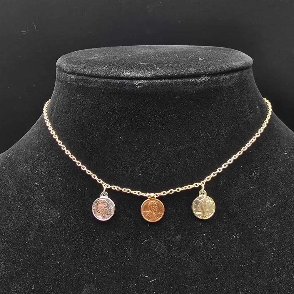 Vintage Faux Coin Choker Necklace Gold Tone Faux Mini Small Dainty